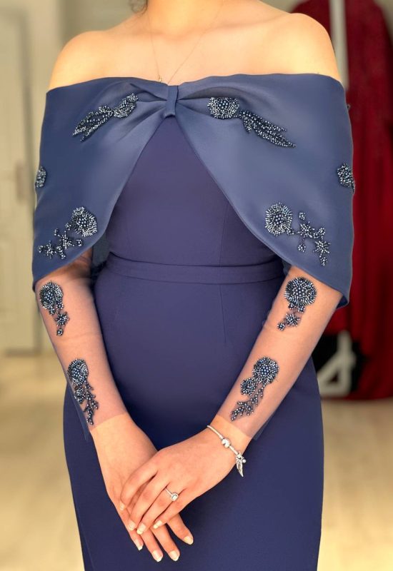 Lacivert Kuğu Midi Boy Özel Tasarım Elbise